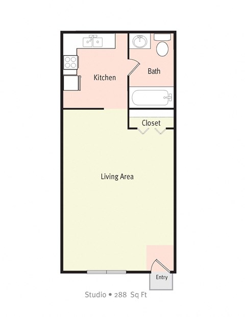 Floor plan for studio, 1 bath, 288 sqft